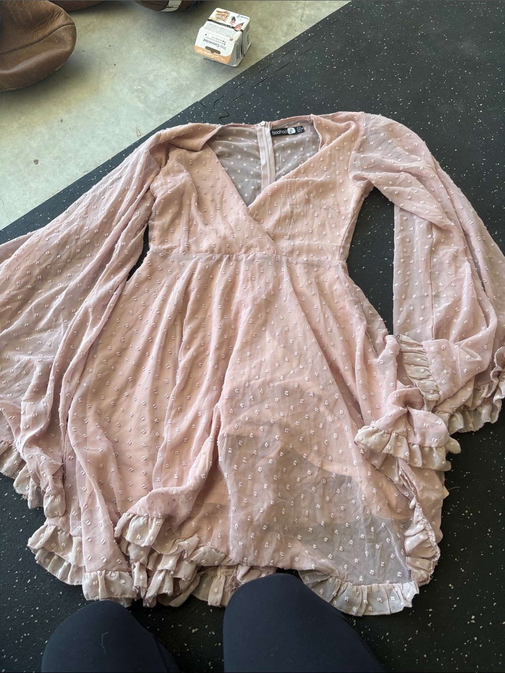 Boohoo Blush Pink Swiss Dot Ruffle Long Sleeve Dress